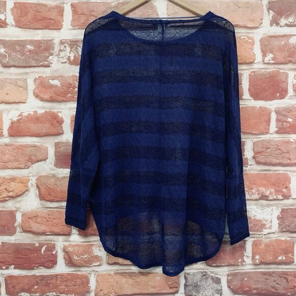 Cotton On Top Shirt Women's Medium Blue Textured Knit Striped Sheer Popover - Picture 4 of 8